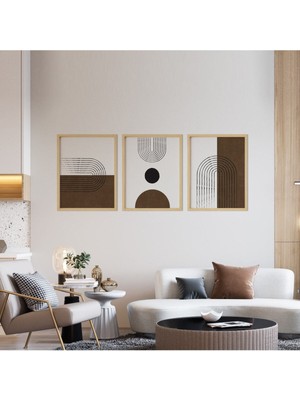 Ayışığı Dizayn Boho Brown Doğal Ahşap Çerçeveli 3'lü Tablo Seti