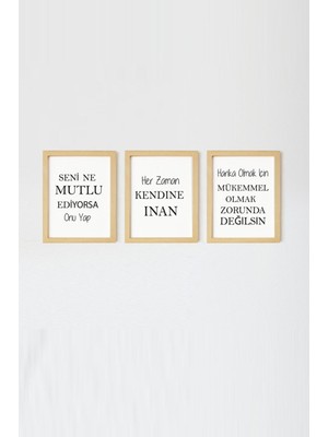 Ayışığı Dizayn Motive Doğal Ahşap Çerçeveli 3'lü Yazı Tablo Seti