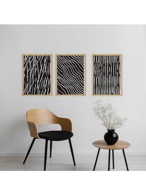 Ayışığı Dizayn Bohem & Iskandinav Line Scribble Doğal Ahşap Çerçeveli 3'lü Tablo Seti