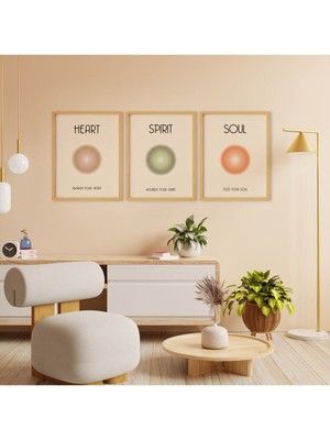 Aura Heart Spirit Soul Doğal Ahşap Çerçeveli 3'lü Tablo Seti