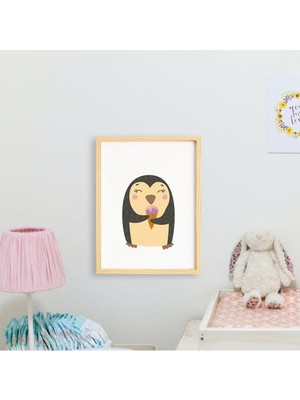 Çocuk Penguen-Penguin Doğal Ahşap Çerçeveli Tekli Tablo Seti