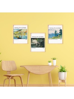 Ayışığı Dizayn Winslow Homer Doğal Ahşap Çerçeveli 3'lü Tablo Seti