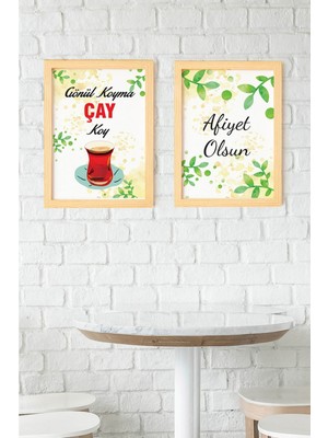 Ayışığı Dizayn Mutfak Çay Doğal Ahşap Çerçeveli 2'li Tablo Seti