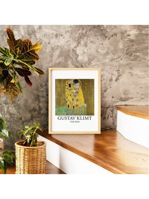 Gustav Klimt Kiss Doğal Ahşap Çerçeveli Tekli Tablo Seti