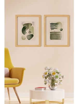 Ayışığı Dizayn Soyut Sage Doğal Ahşap Çerçeveli 2'li Tablo Seti