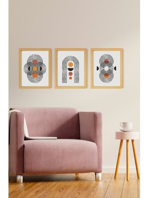 Ayışığı Dizayn Bohem & Iskandinav Doğal Ahşap Çerçeveli 3'lü Tablo Seti
