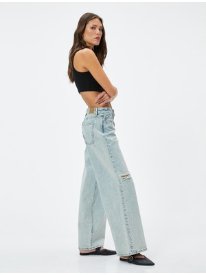 Koton Düz Bol Paça Düşük Bel Kot Pantolon Yıpratılmış Cepli Pamuklu - Loose Straight Jeans