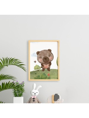 Ayışığı Dizayn Çocuk Meadow Bear-Kırda Ayı Doğal Ahşap Çerçeveli Tekli Tablo Seti