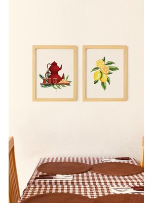 Ayışığı Dizayn Mutfak Çay Ekmek Limon Doğal Ahşap Çerçeveli 2'li Tablo Seti