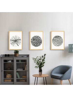 Ayışığı Dizayn Bohem & Iskandinav Scribble Circles Doğal Ahşap Çerçeveli 3'lü Tablo Seti