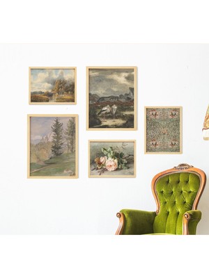 Ayışığı Dizayn Vintage Landscape Doğal Ahşap Çerçeveli Çoklu 5'li Tablo Seti