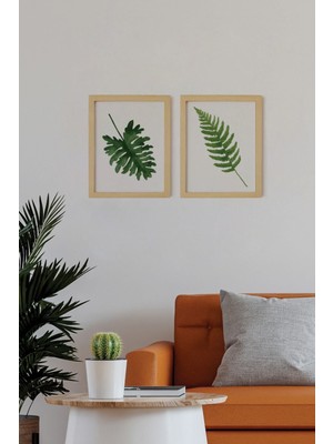 Ayışığı Dizayn Bohem & Iskandinav Botanical Leaf Doğal Ahşap Çerçeveli 2'li Tablo Seti