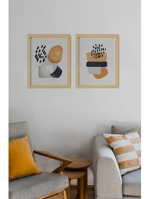 Ayışığı Dizayn Soyut Doğal Ahşap Çerçeveli 2'li Tablo Seti