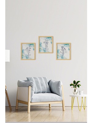 Ayışığı Dizayn Soyut Blue Flower Doğal Ahşap Çerçeveli 3'lü Tablo Seti