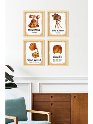 Ayışığı Dizayn Vintage Doğal Ahşap Çerçeveli 4'lü Tablo Seti