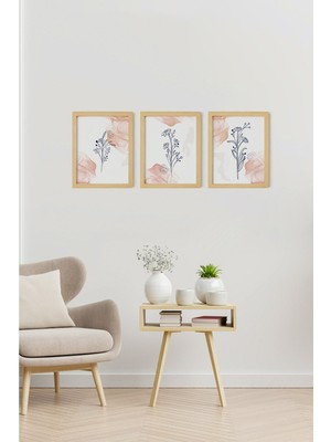 Ayışığı Dizayn Soyut Abstract Flower Doğal Ahşap Çerçeveli 3'lü Tablo Seti