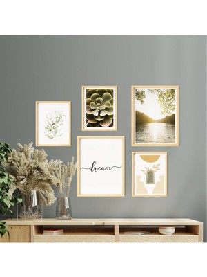 Ayışığı Dizayn Dream-Rüya Doğal Ahşap Çerçeveli Çoklu 5'li Tablo Seti