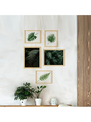 Ayışığı Dizayn Forest Leaf Doğal Ahşap Çerçeveli Çoklu 5'li Tablo Seti