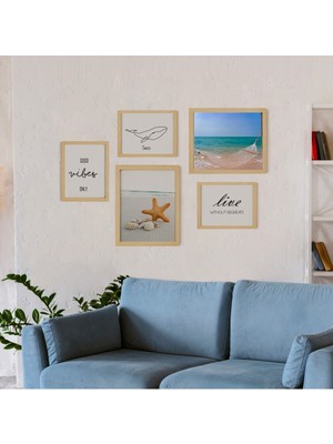 Ayışığı Dizayn Summer Breeze Doğal Ahşap Çerçeveli Çoklu 5'li Tablo Seti