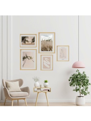Ayışığı Dizayn Beach-Plaj Doğal Ahşap Çerçeveli Çoklu 5'li Tablo Seti