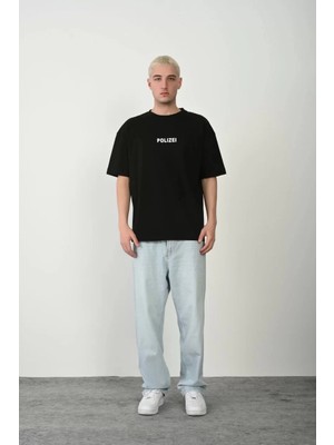 Tarz Yeri Unisex Baskılı Bisiklet Yaka Oversize T-Shirt - Siyah