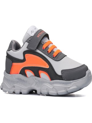 Venuma Rahat Çocuk Spor Ayakkabı Sneaker Cilt Filet Siyah/gri/turuncu