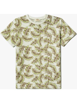 Koton Tişört Kısa Kollu Bisiklet Yaka Yaprak Baskılı Pamuklu