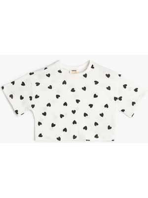 Koton Crop Tişört Kalp Baskılı Kısa Kollu Bisiklet Yaka Pamuklu