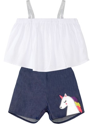 Denokids Renkli Püsküllü Unicorn Kız Bluz Denim Şort Takım