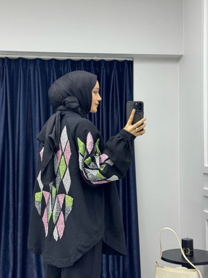 Hasenna KPTKM003 Nakış Işlemeli Siyah Kimono Pantolonlu Takım