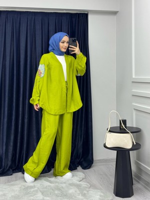 Hasenna KPTKM002 Nakış Işlemeli Y. Yeşili Kimono Pantolonlu Takım