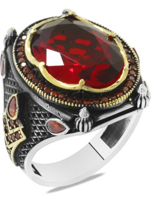 Okyanus Silver Faset Kesim Kırmızı Zirkon Taşlı Yanları Meşalee Detaylı 925 Ayar Gümüş Erkek Yüzük