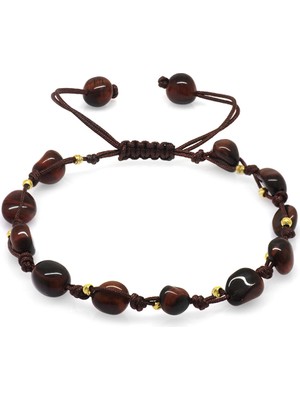 Okyanus Silver Makrome Örgülü Naturel Kesim Dorika Top Detaylı Koyu Renk Kaplangözü Doğaltaş Kadın Bileklik