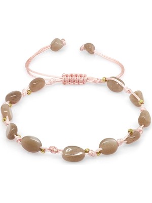 Okyanus Silver Makrome Örgülü Naturel Kesim Dorika Top Detaylı Güneş Taşı Doğaltaş Kadın Bileklik