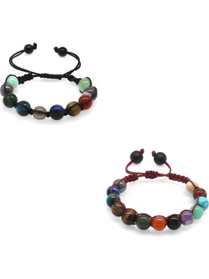 Okyanus Silver Makrome Örgülü Küre Kesim Multicolor Doğaltaş Kombinli Çocuk-Genç Başarı Bilekliği(2li Set)