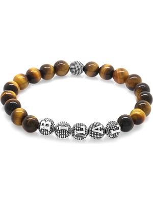 Okyanus Silver Kaplangözü Metal Kombinli Kişiye Özel Isim Yazılı Küre Kesim Doğaltaş Bileklik