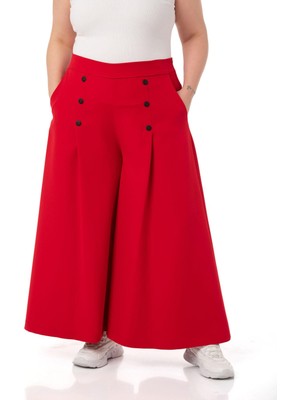 Disentis Modest Büyük Beden Düğme Detaylı Geniş Paça Fermuarlı Kırmızı Pantolon