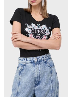 Guess Ss Rn Flowers Pamuklu Slim Fit T Shirt W4RI38J1314JBLK Kadın T Shirt W4RI38J1314 Jblk