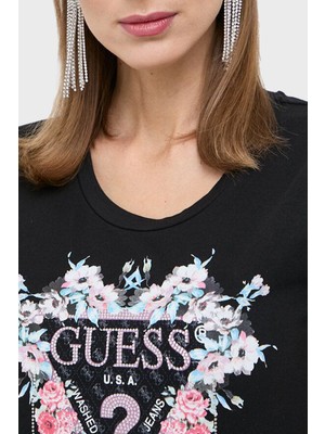 Guess Ss Rn Flowers Pamuklu Slim Fit T Shirt W4RI38J1314JBLK Kadın T Shirt W4RI38J1314 Jblk