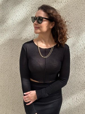 Seda Aslan Butik Dikişli Uzun Kol Crop Bluz