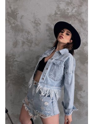 Bacc Buz Mavi Saçak Detaylı Denim Ceket