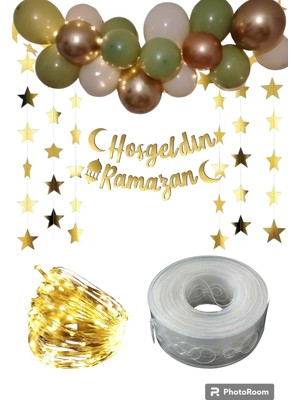 Azebu Hoşgeldin Ramazan Gold Yazı Ledli Zincir Balon Seti, Ramazan Ayı Süsleme Seti