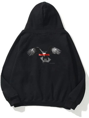 The Wert Unisex Defend, Kartal Ön Arka Baskılı Siyah Sweatshirt Hoodie