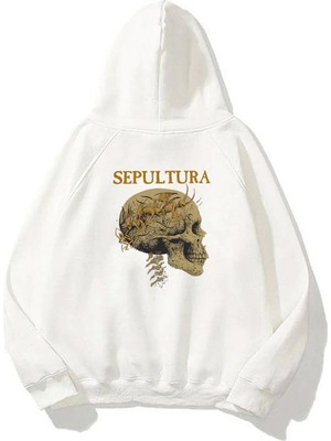 The Wert Unisex Sepultura, Skull, Şeytan Ön Arka Baskılı Beyaz Sweatshirt Hoodie