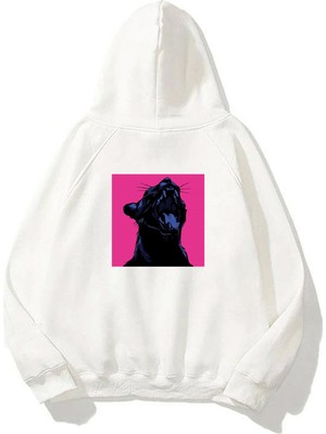 The Wert Unisex Black Panther Pembe Ön Arka Baskılı Beyaz Sweatshirt Hoodie