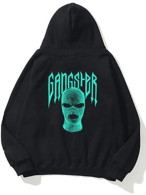 The Wert Unisex Yeşil Gangster Maske Ön Arka Baskılı Siyah Sweatshirt Hoodie