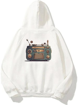 The Wert Unisex Eski Radyo Ön Arka Baskılı Beyaz Sweatshirt Hoodie