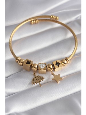 Clariss 316L Çelik Gold Renk Zirkon Taş Kalp Detay Yaşam Ağacı Figür Charm Model Kadın Bileklik