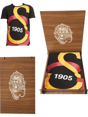 Galatasaray Lisanslı Siyah Büyük Logolu T-Shirt Hediye Aslan Ahşap Kutulu