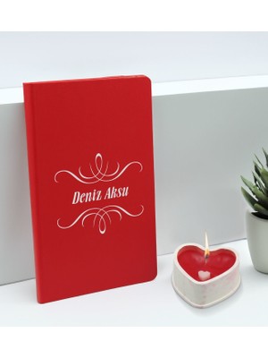 Bk Gift Kişiye Özel Isimli Kırmızı Defter ve Kalp Taş Obje Kokulu Mum Hediye Seti-8, Sevgiliye Hediye, Arkadaşa Hediye